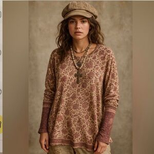 Magnolia Pearl Burgundy Floral Long Sleeve distressed Top L